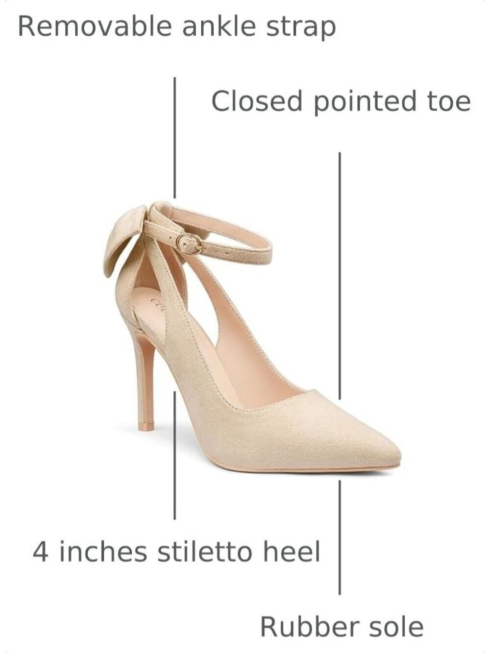 Women's Beige Faux Leather Adjustable Pumps Pointed Toe Ankle Strap Wedding Heel - Picture 3 of 7